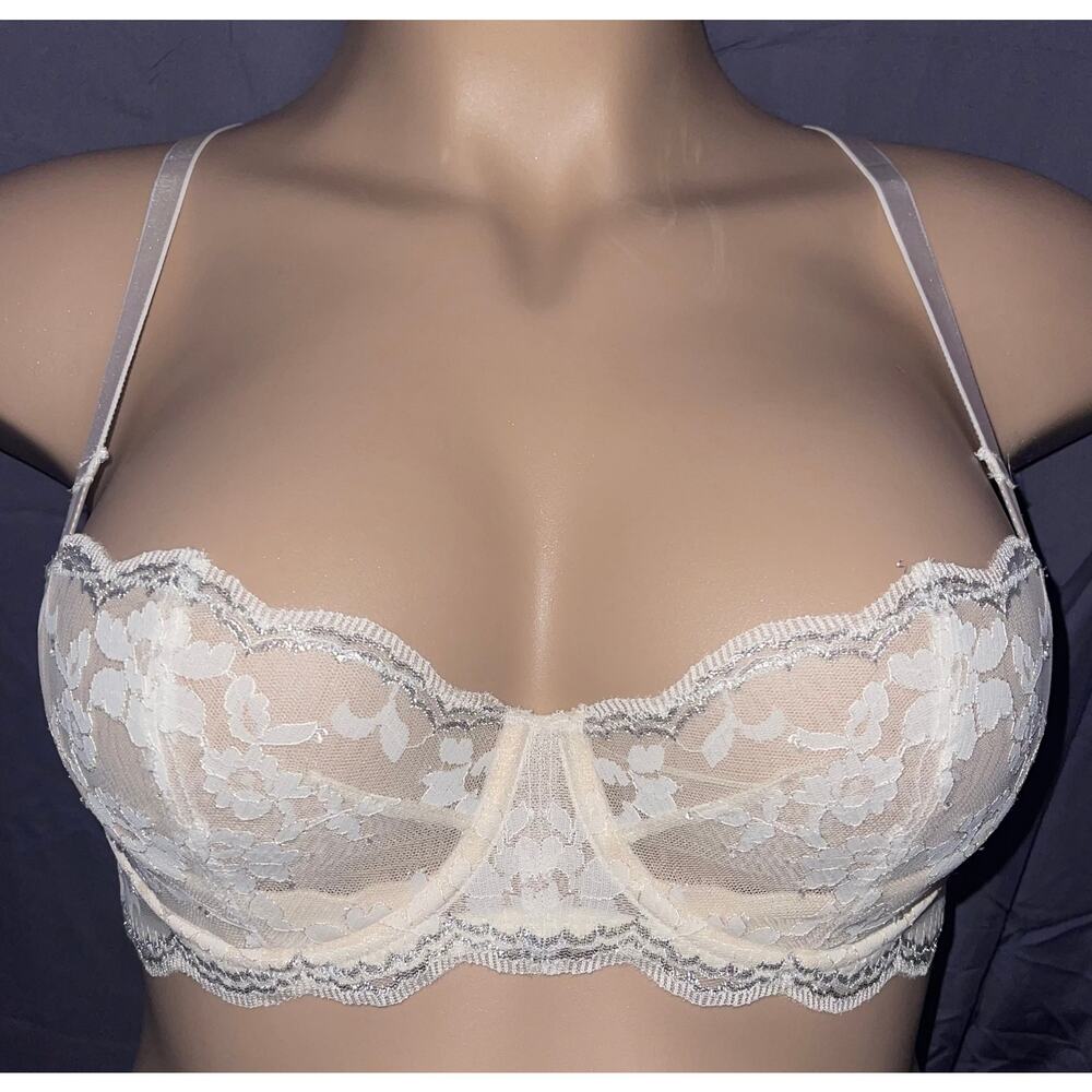 34D CREAM & SILVER LACE VICTORIA'S SECRET DREAM ANGELS UNLINED BALCONETTE BRA